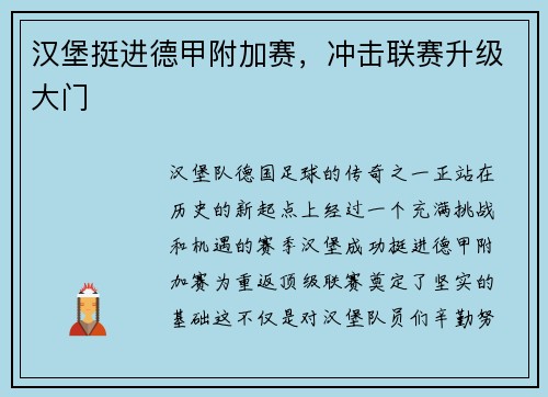 汉堡挺进德甲附加赛，冲击联赛升级大门