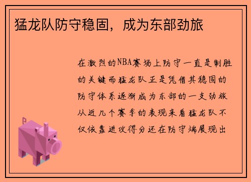 猛龙队防守稳固，成为东部劲旅