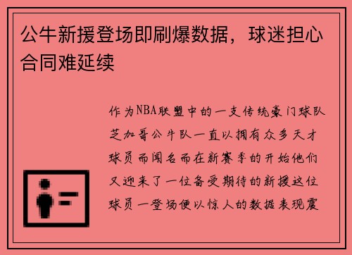 公牛新援登场即刷爆数据，球迷担心合同难延续